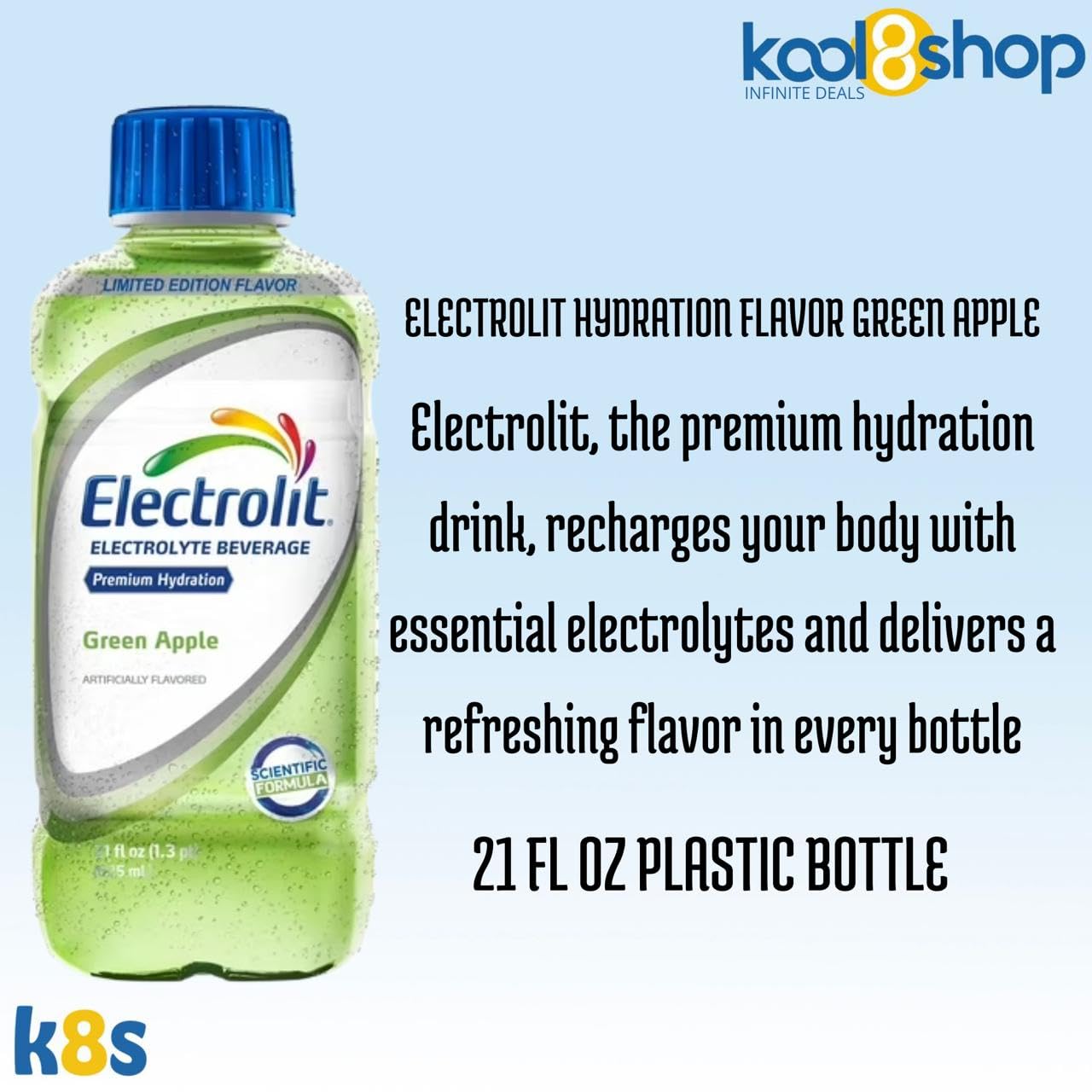 Electrolit Green Apple Hydration Drink With Electrolytes 21 Fl Oz Plastic Bottles 9 Pack + 1 Microfiber Cooling Towel By Kool8Sh