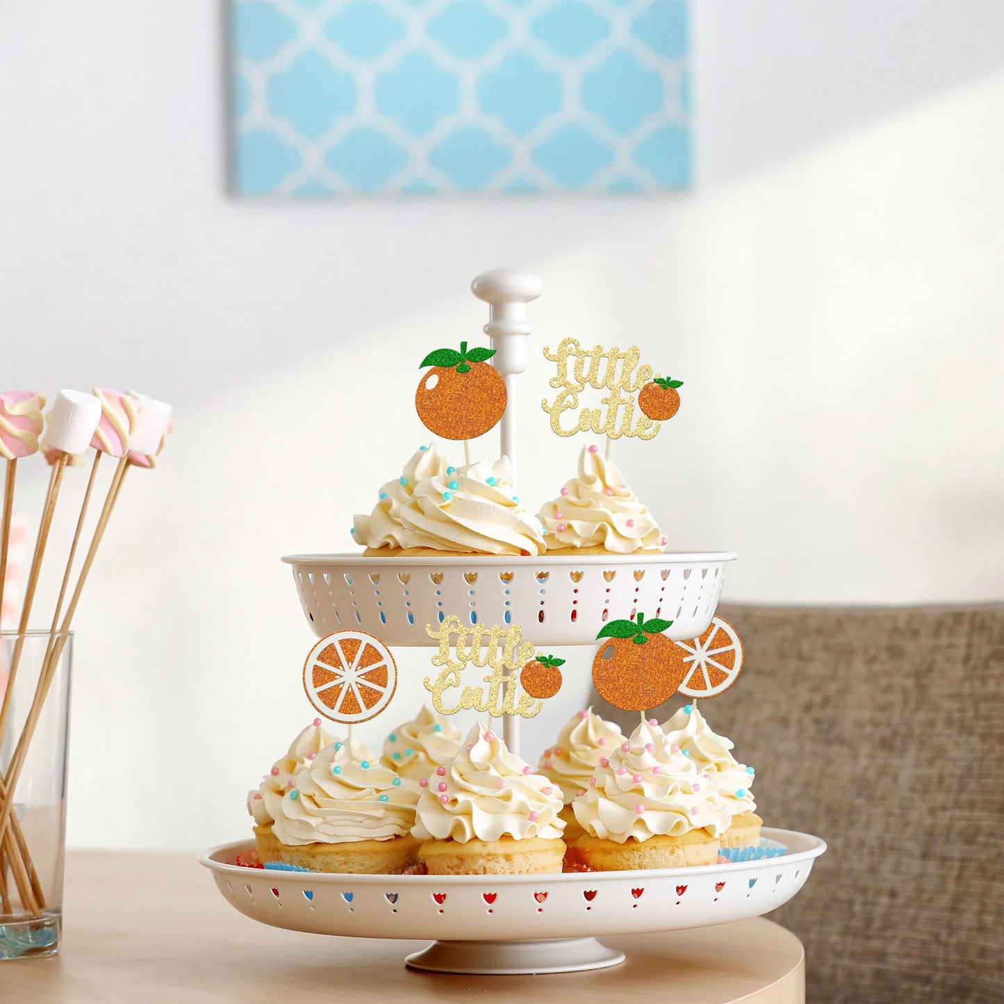 24Pcs Little Cutie Cupcake Toppers Glitter Orange Cupcake Picks Citrus Theme Baby Shower Decorations For Cutie Kids Birthday Par