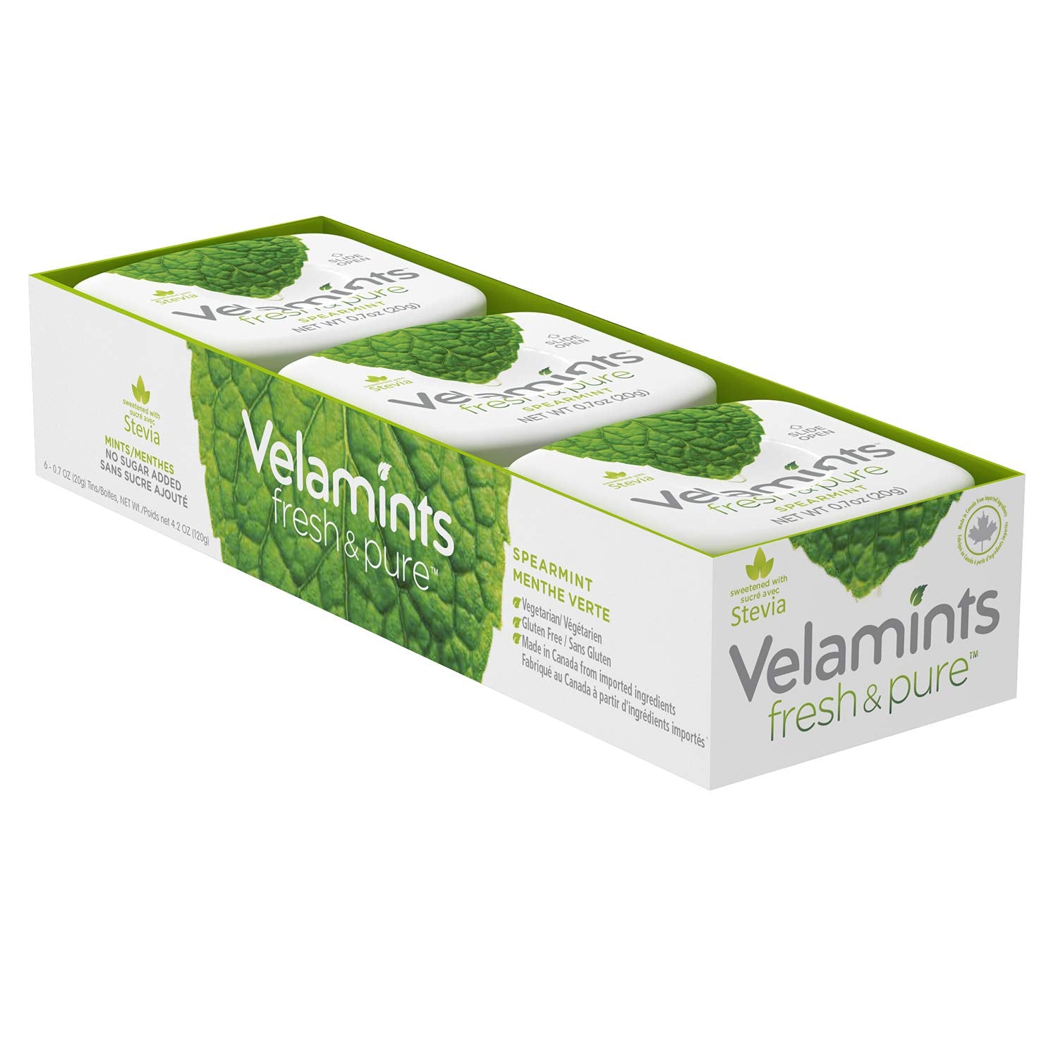 Velamints Fresh Spearmint Sugar Free Mints Tin - Fresh Breath Mint Aspartame-Free Sweetened with Stevia, 20 Gram (Pack of 6 Tins