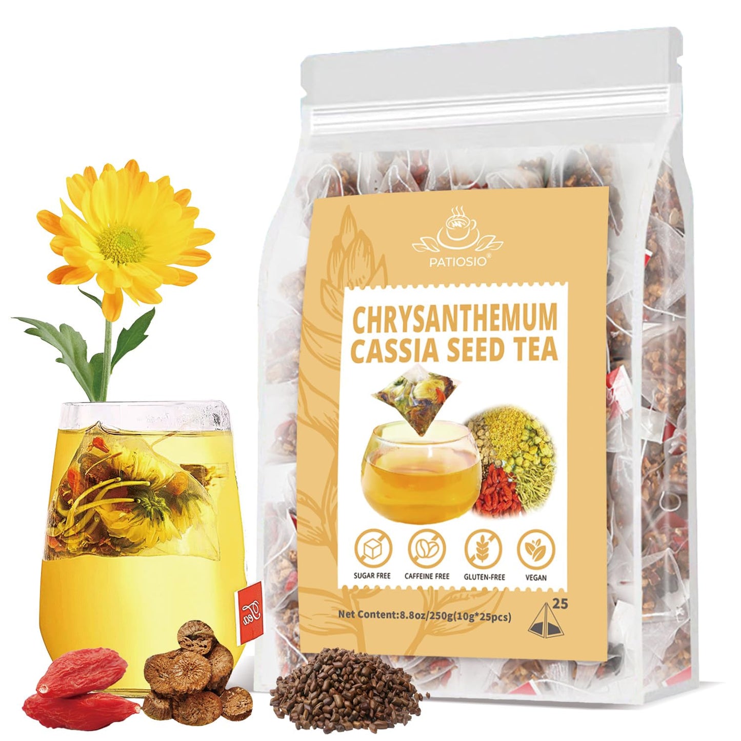 Patiosio Herbal Tea Bags, Chrysanthemum Cassia Seed & Burdock Goji Berry, Vegan, Sugar-Free, Caffeine-Free, 250g (10g x 25pcs)