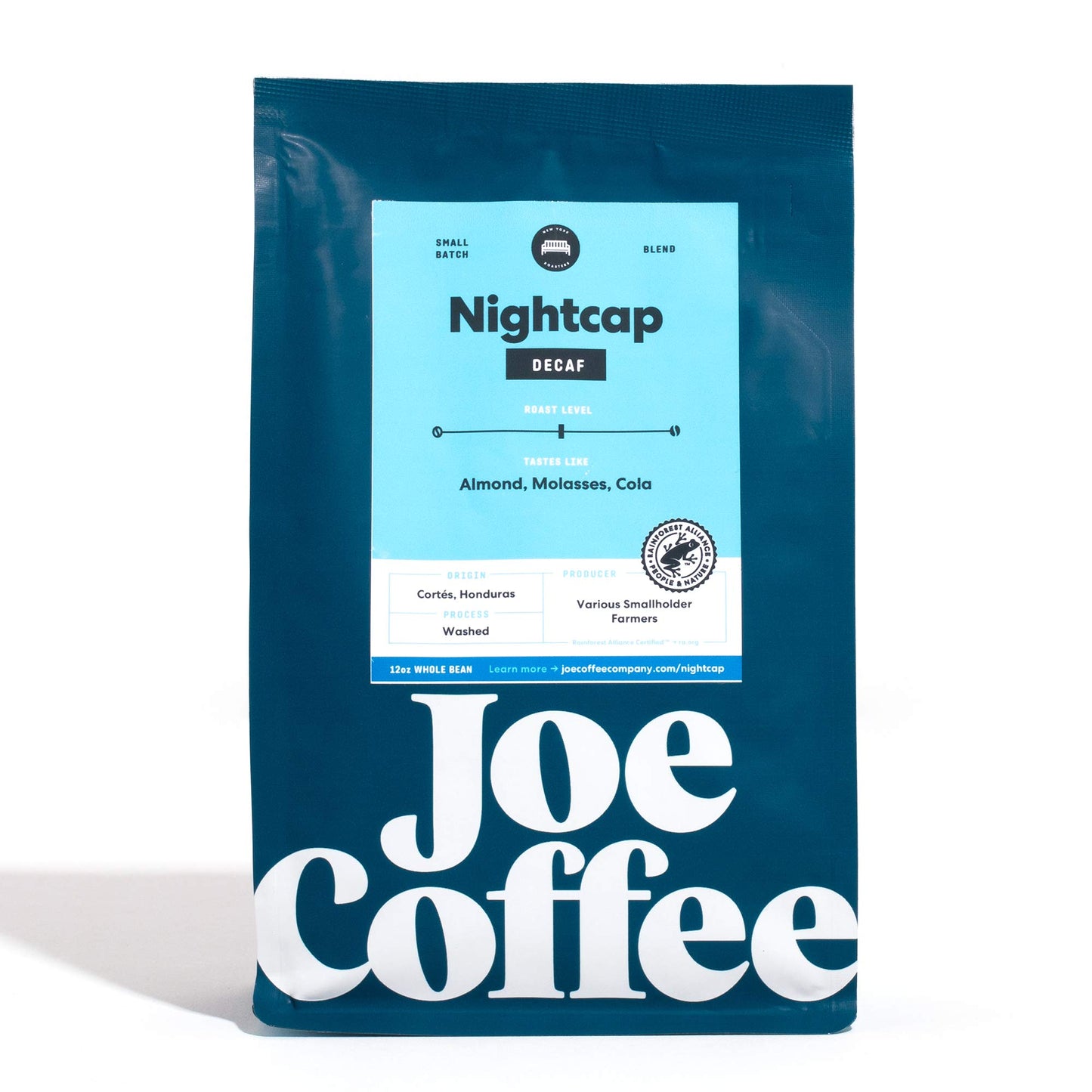 Joe Coffee Company - Nightcap Decaffeinated Whole Bean Specialty Coffee, 12 oz Bag | NYC Roaster, Rainforest Alliance Certified,