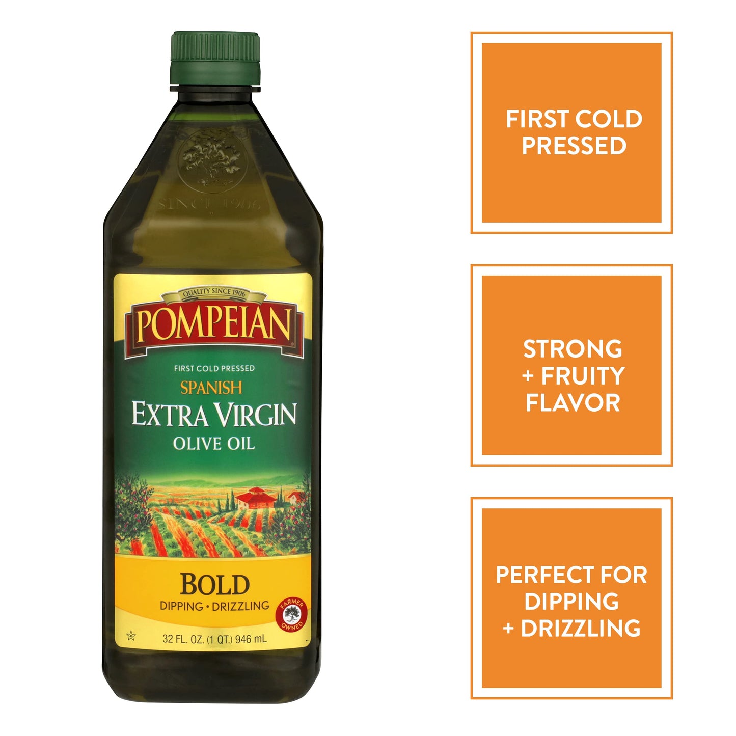 Pompeian Spanish Bold Extra Virgin Olive Oil, Contains Polyphenols, First Cold Pressed, Strong, Fruity Flavor, Perfect For Dipping And Drizzling, 32 Fl. Oz