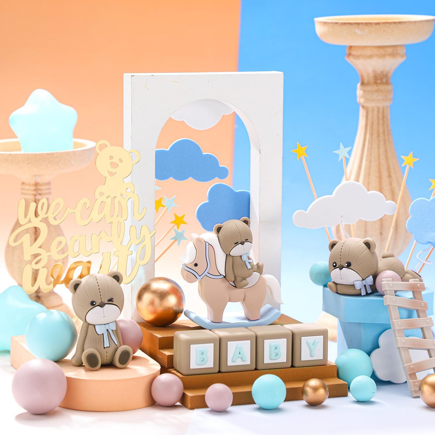 Yinder Bear Cake Toppers Mini Bear Cake Decorations Cake Toppers Gold White Pearl Ball For Birthday Party Decorations(Vivid Colo