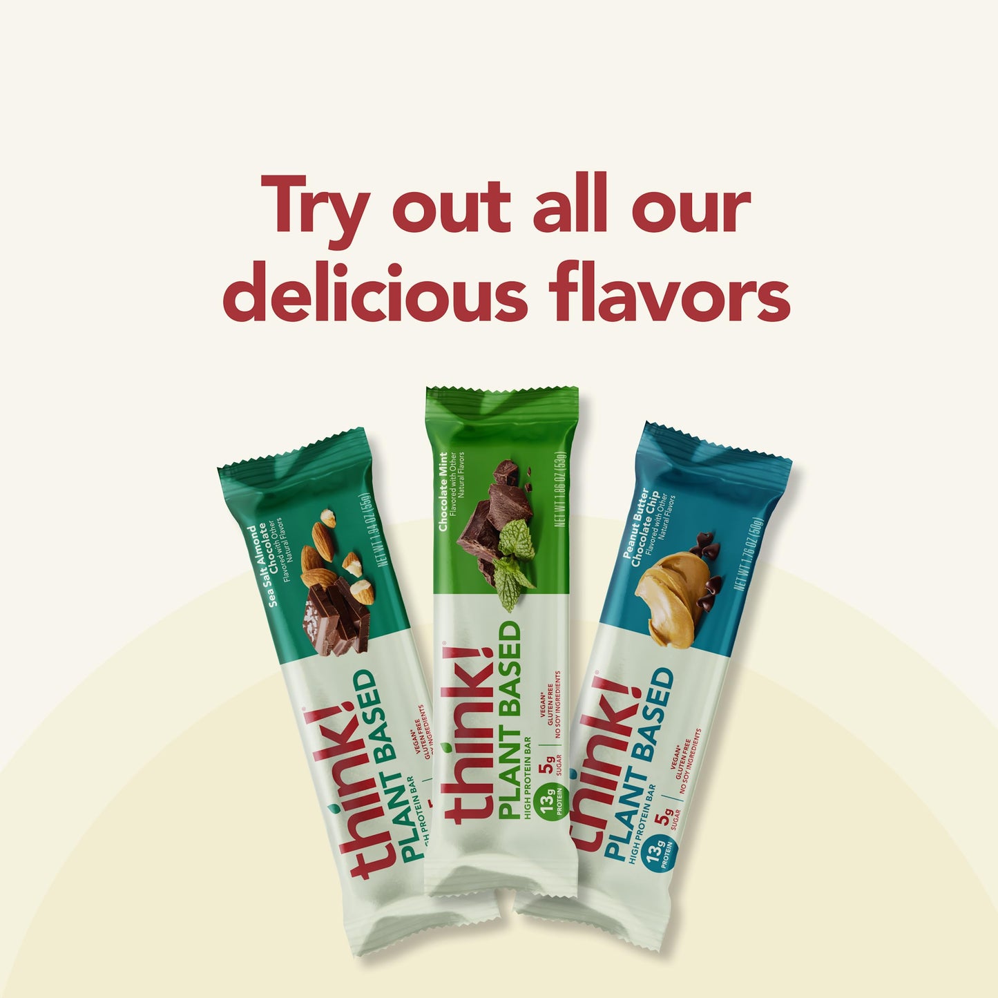 think! Vegan/Plant Based High Protein Bars - Peanut Butter Chocolate Chip, 13g Protein, 5g Sugar, No Artificial Sweeteners, Non
