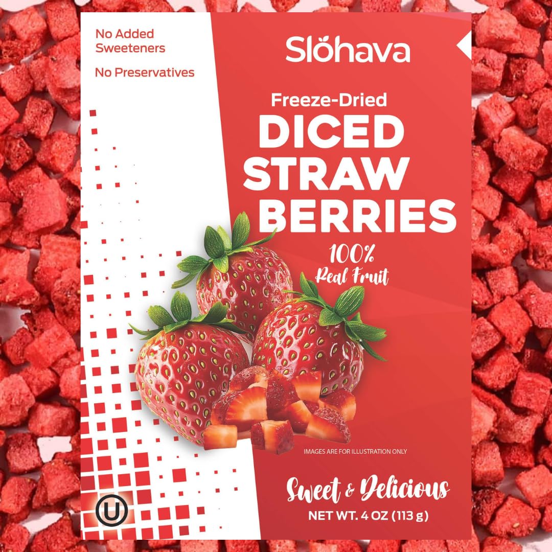 Slohava Freeze Dried Diced Strawberries Pieces, 4 Oz. 100% Natural Fruit, No Sugar Added, Kosher, Resealable Pouch.