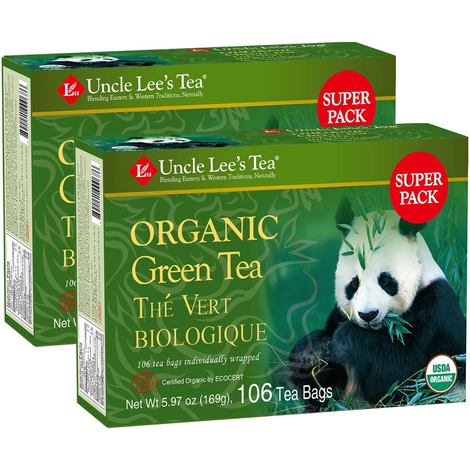 Uncle Lees Organic Green Tea Bags, 106-Count Super Packs, Lightly Caffeinated, 100 Count (Pack of 2)