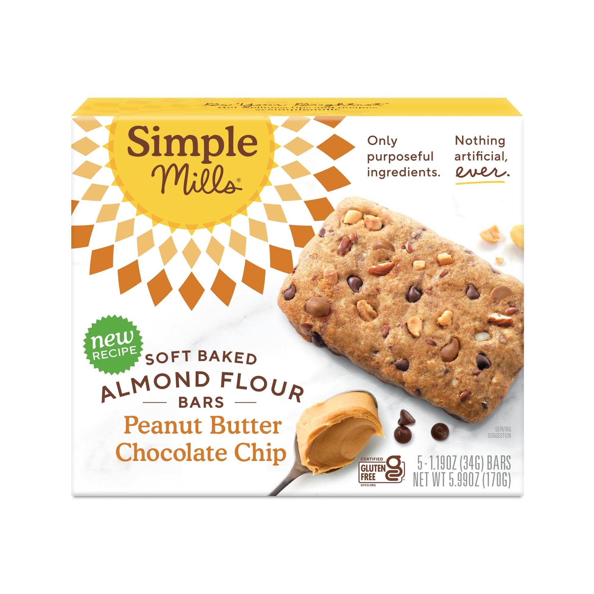 Simple Mills Almond Flour Snack Bars, Peanut Butter Chocolate Chip - Gluten Free, Made With Organic Coconut Oil, Breakfast Bars,