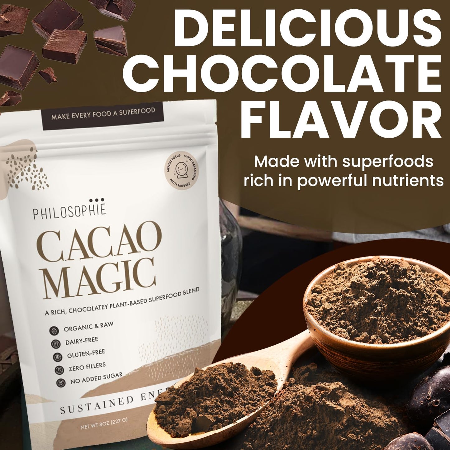 Philosophie Organic Cacao Magic Superfood Blend - Plant-Based Protein Powder, Unsweetened Vegan Chocolate, 8 Ounce