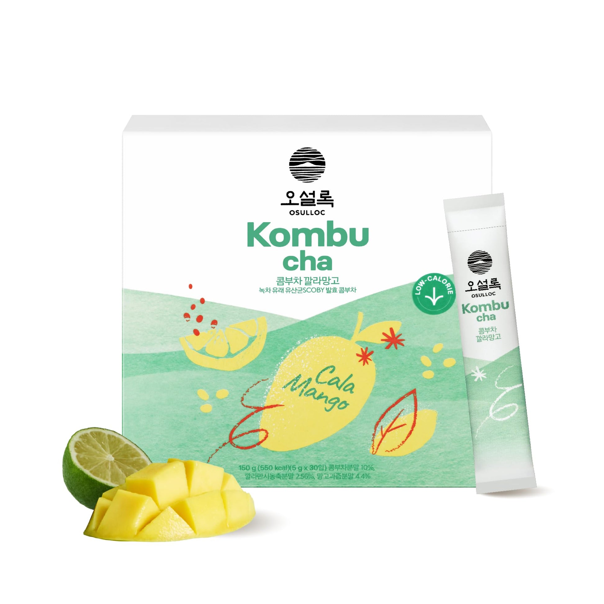 Osulloc Kombucha Tea Calamango (Calamansi & Mango Blending), Sparkling Powdered Mix Beverage, No Added Sugar, 30 Sticks, 5.3Oz