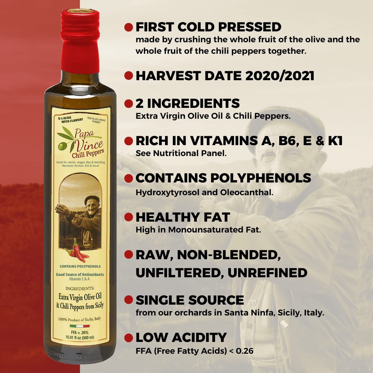 Papa Vince Olive Oil Extra Virgin - First Cold Pressed, Polyphenol Rich Olive Oil (Evoo). Chili Pepper Agrumato, Unfiltered, Single Sourced, Glass Bottle, Family Made, Sicily, Italy