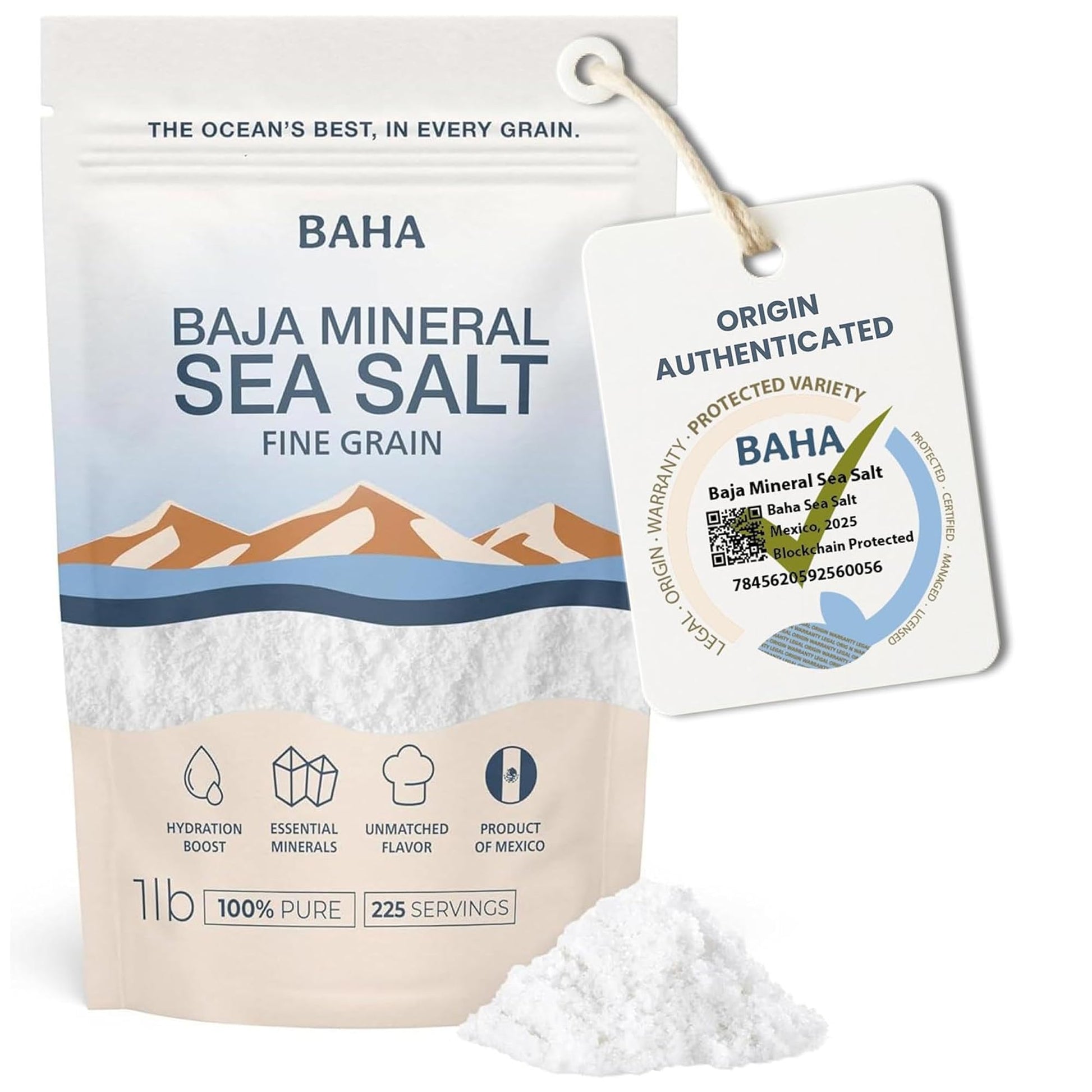 BAHA - Baja Mineral Sea Salt | Fine Grain Baha Mineral Salt from Sea of Cortez | Low Sodium & Mineral | For Cooking  Plating and Hydration | Traceable Origins | 1 Lb. Bag