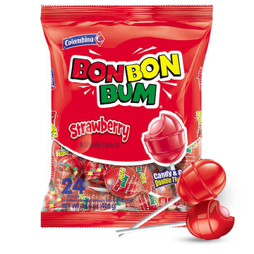 Colombina Bon Bon Bum Lollipops w/Bubble Gum Center - Watermelon Candy Flavor, Pack of Individually 24 Wrapped Gluten Free Pops,