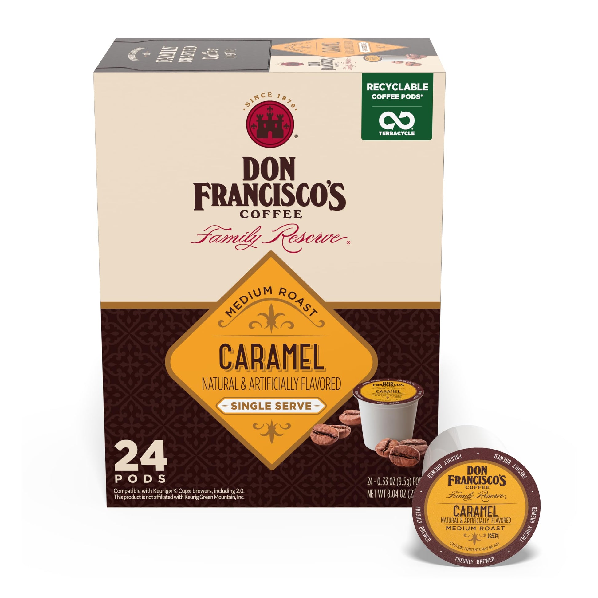 Don FranciscoS Caramel Flavored Coffee Pods  24 Count  Medium Roast  Compatible With Keurig Beverage Makers