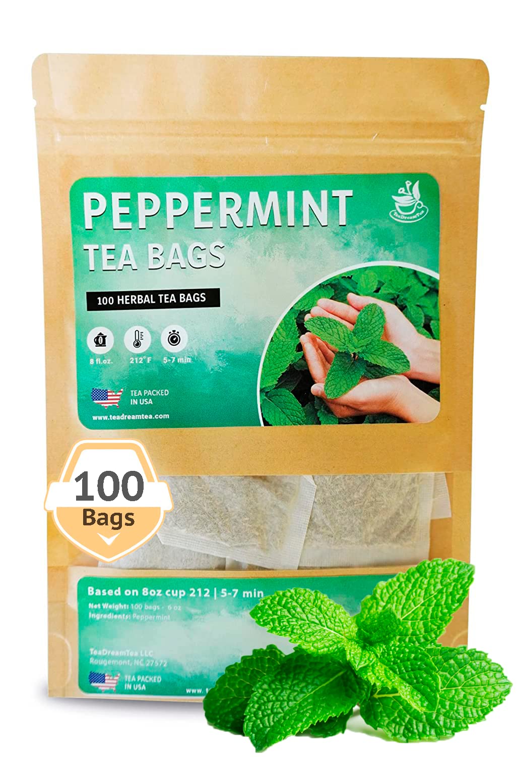 TeaDreamTea Peppermint Herbal Tea Bags - Caffeine Free - 100 Count