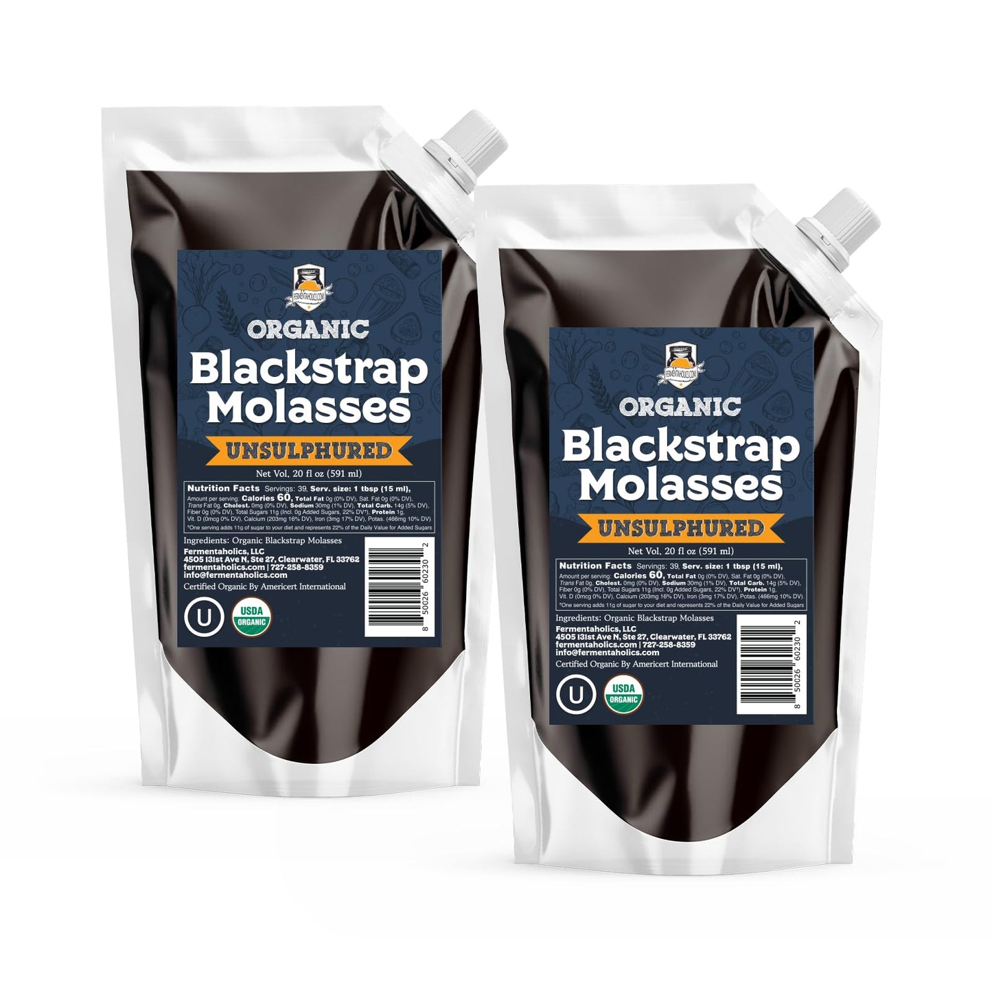 Fermentaholics Organic Blackstrap Molasses, Unsulphured, OU Kosher, 20 Oz Pouch, 2-Pack