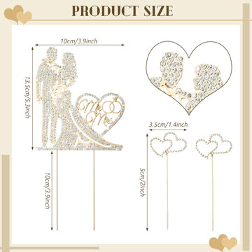 Spiareal 3 Pack Mr And Mrs Cake Topper Rhinestone Metal Love Wedding Cake Topper Crystal Heart Shaped Cake Toppers Funny Diamond