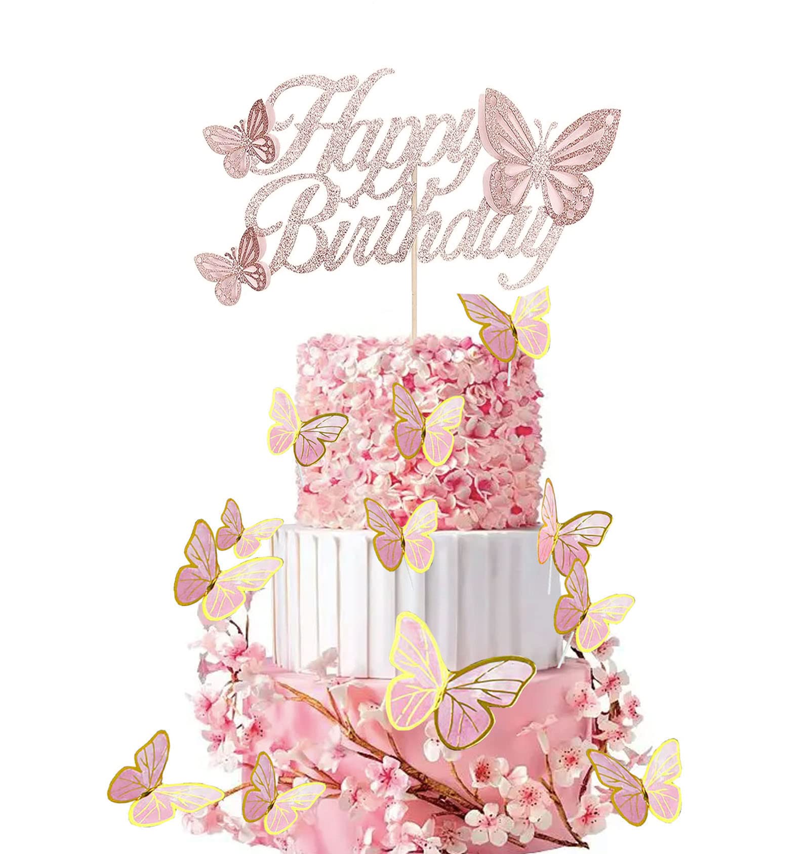 HaakLux Rose Gold Butterfly Cake Topper Set, Paper, Includes 20 Pink Cupcake Toppers, Happy Birthday Party Decor