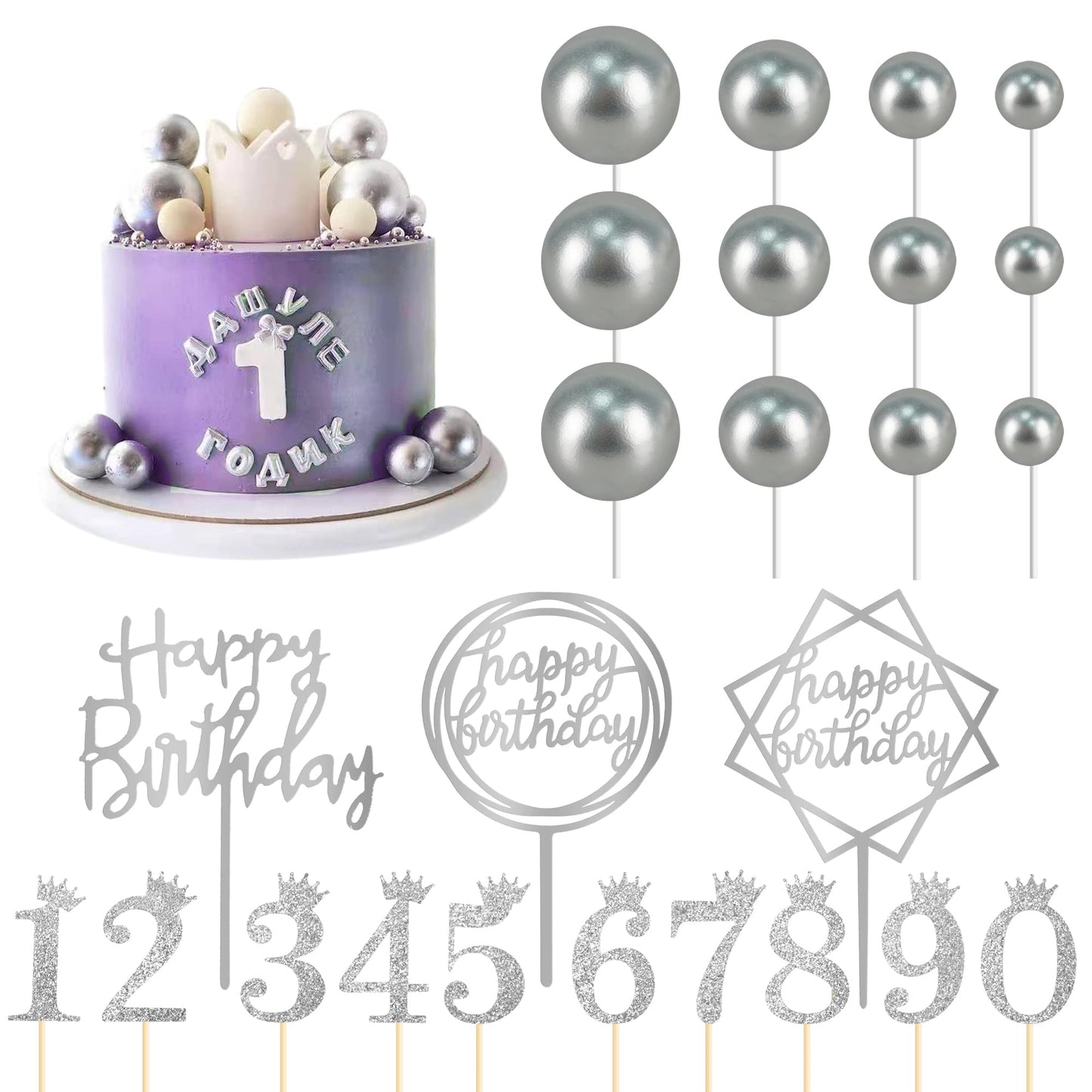 25 Pcs Birthday Cake Topper Set, Acrylic Happy Birthday Cake Toppers Numbers 0-9 Crown Cake Topper Ball Shaped Cake Insert Toppe