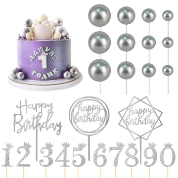 25 Pcs Birthday Cake Topper Set, Acrylic Happy Birthday Cake Toppers Numbers 0-9 Crown Cake Topper Ball Shaped Cake Insert Toppe