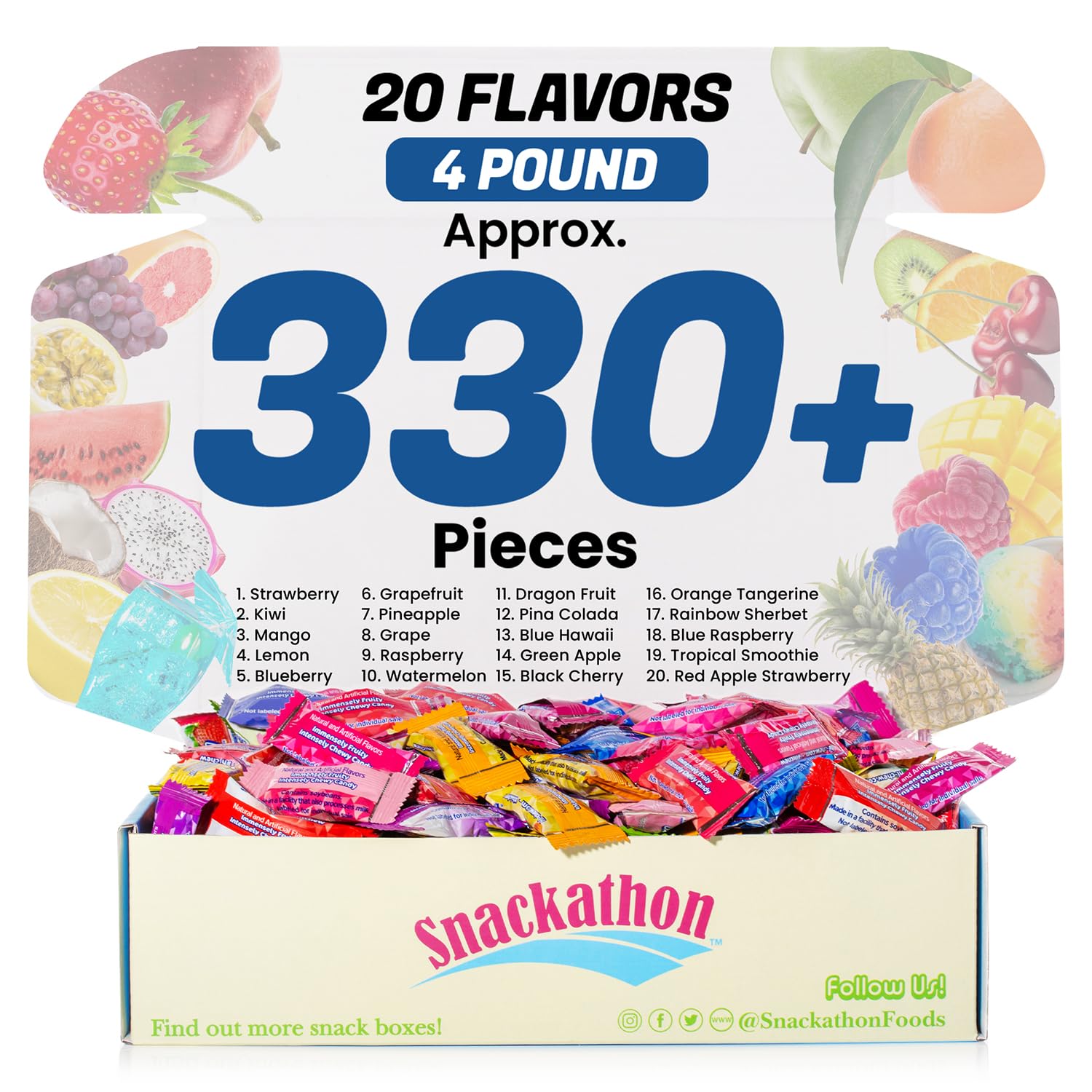 Fruit Chew 20 Flavors, Bulk 330+ Pieces, 4 Pound (Strawberry, Mango, Green Apple, Grape, Pineapple, Kiwi, Dragon Fruit, 3 Berrie
