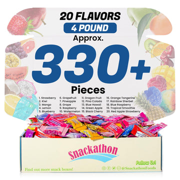 Fruit Chew 20 Flavors, Bulk 330+ Pieces, 4 Pound (Strawberry, Mango, Green Apple, Grape, Pineapple, Kiwi, Dragon Fruit, 3 Berrie