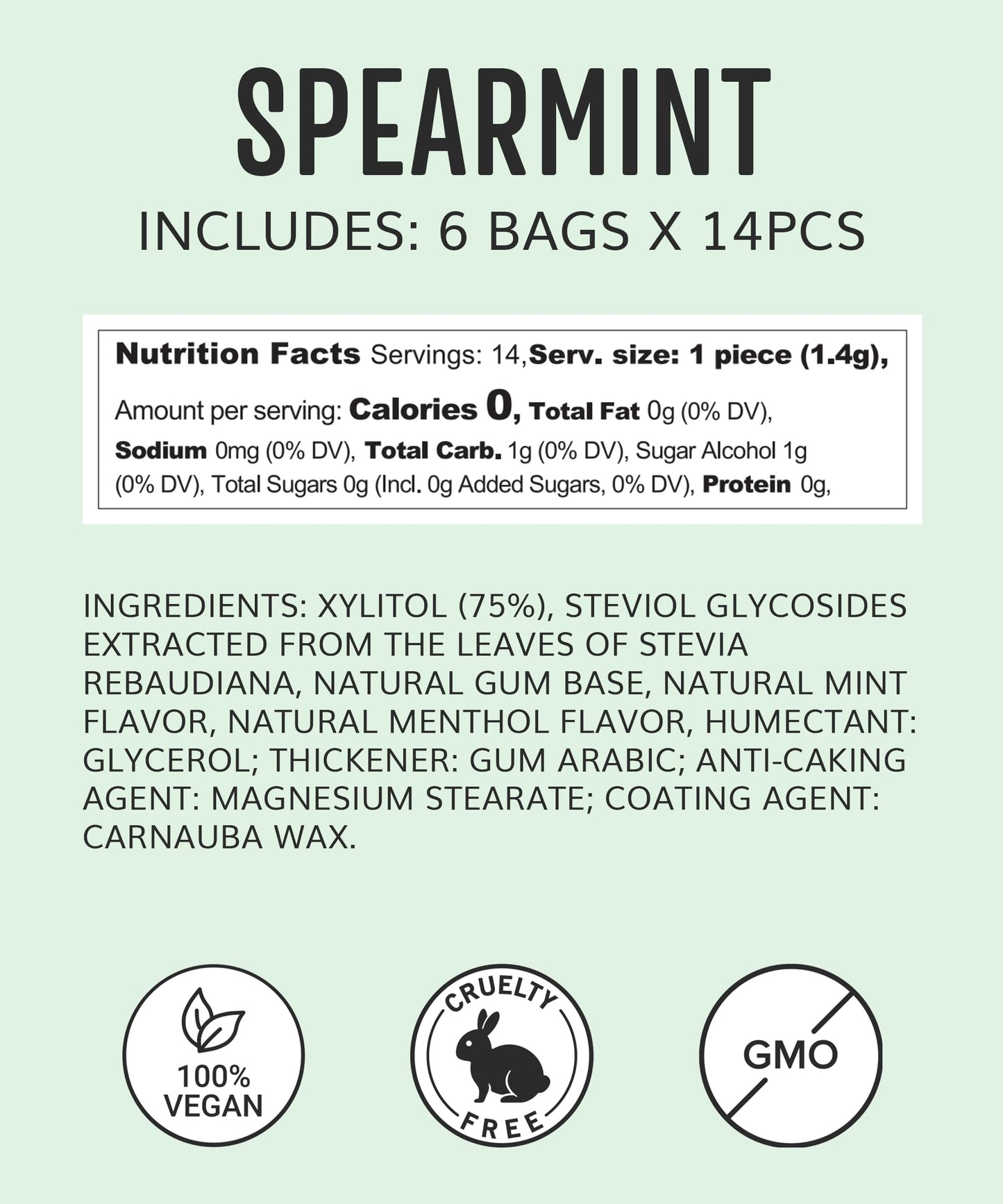 Sugar Free Natural Chewing Gum (84 Pcs) - Xylitol Gum With Stevia - Aspartame Free - All Natural Gum - Vegan, Gluten Free Keto - Spearmint