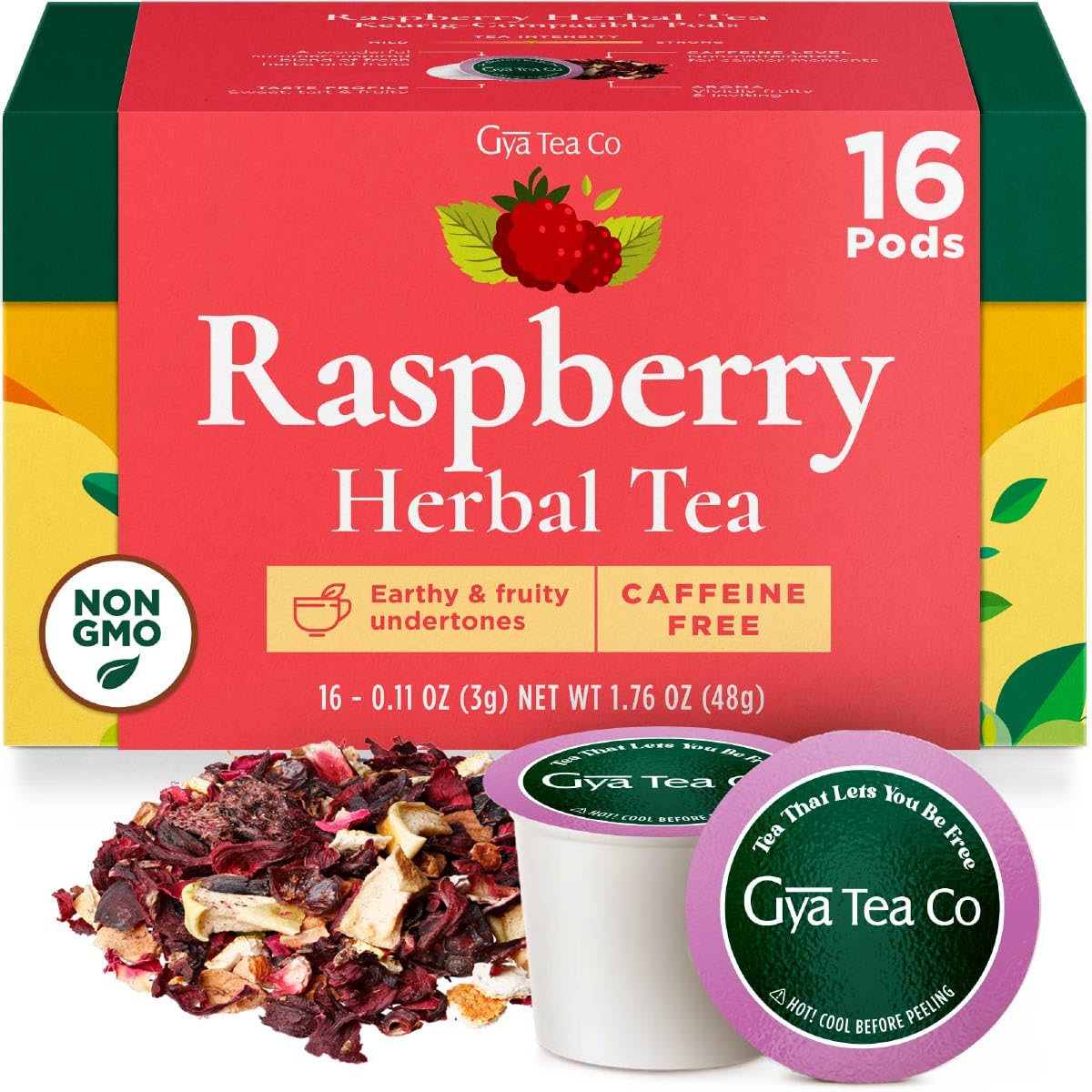 Gya Tea Co Raspberry Herbal Tea Pods - Decaf Wellness Tea, 16 Count, for Body Comfort and Relaxation