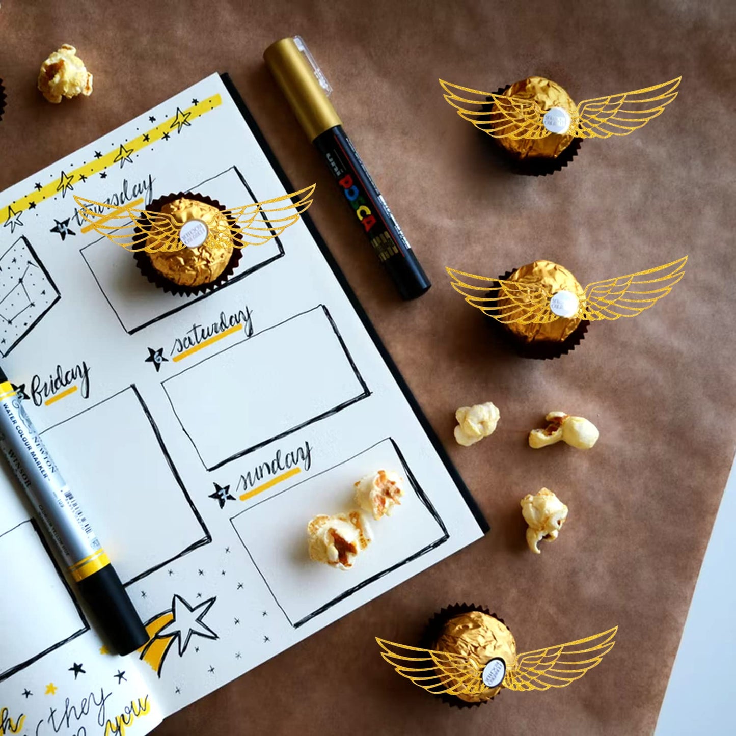 Doryfew Chocolate Decoration Toppers, 50Pcs Golden Wings Wafer Cupcake Toppers, Style D, Model TS-5, Paper Material