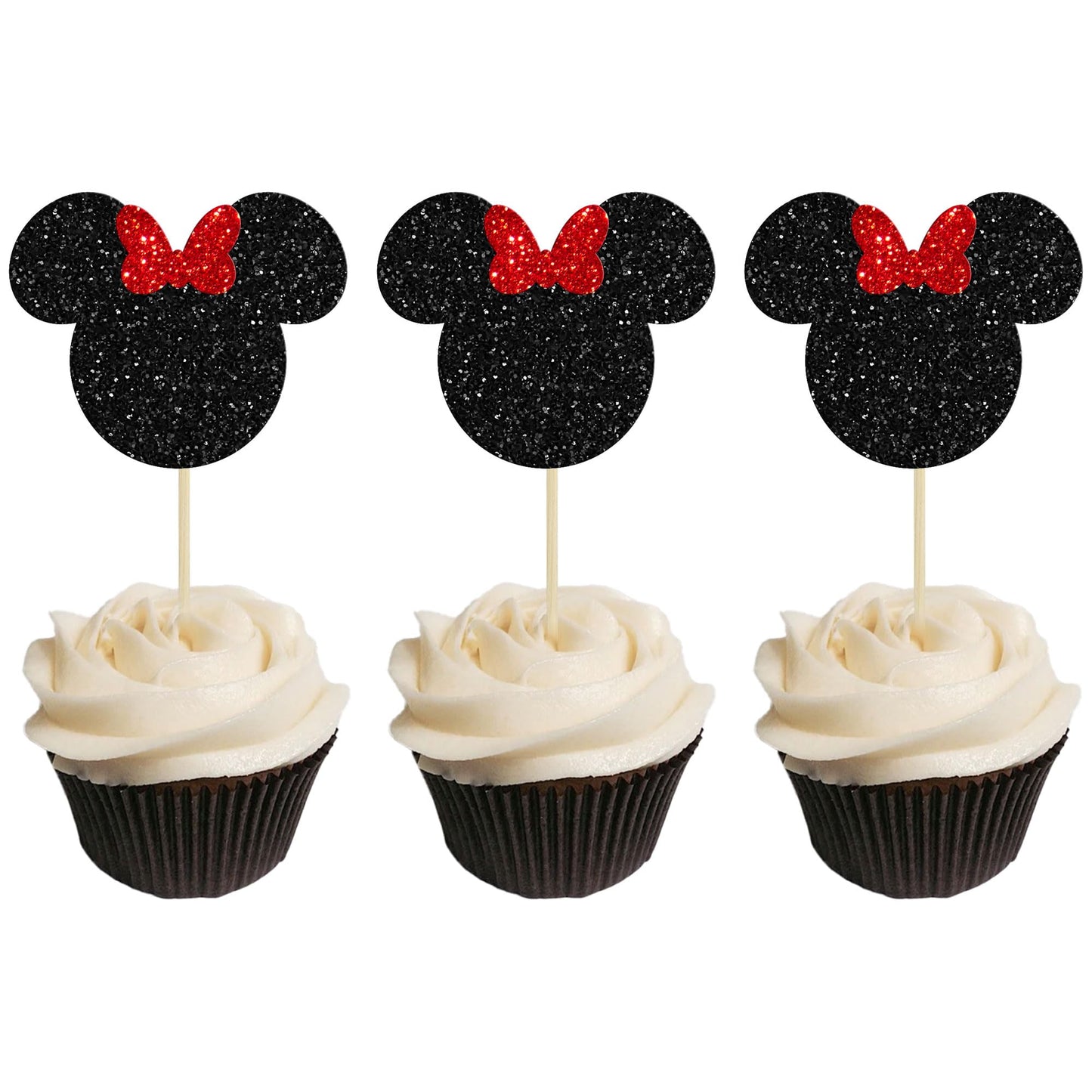 Gyufise 36 Pack Black And Red Glitter Mouse Inspired Cupcake Toppers With Bow Mouse Cake Decorations For Baby Shower Wedding Kid