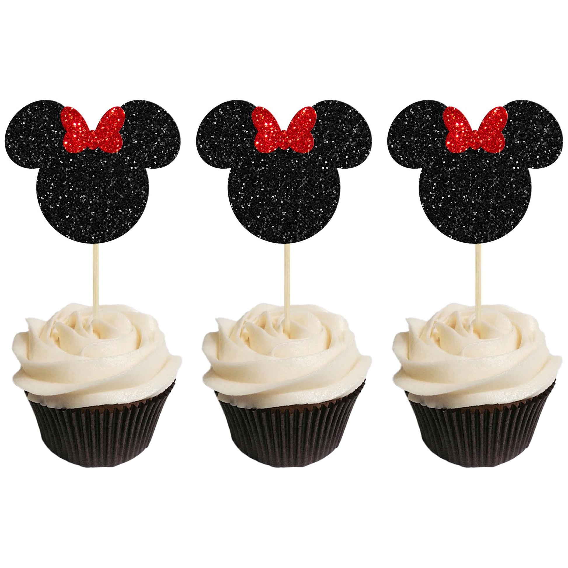 Gyufise 36 Pack Black And Red Glitter Mouse Inspired Cupcake Toppers With Bow Mouse Cake Decorations For Baby Shower Wedding Kid