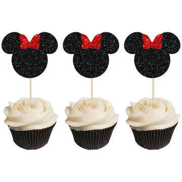 Gyufise 36 Pack Black And Red Glitter Mouse Inspired Cupcake Toppers With Bow Mouse Cake Decorations For Baby Shower Wedding Kid