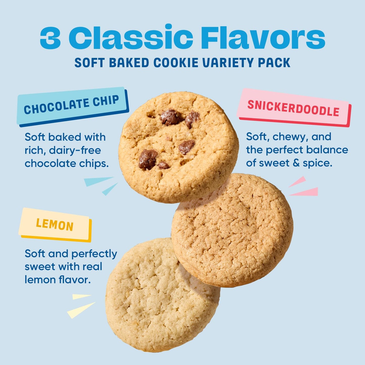 Partake Foods Gluten Free Soft Baked Cookies Variety Pack (Chocolate Chip, Snickerdoodle, Lemon) - Vegan - Free From the Top 9 A