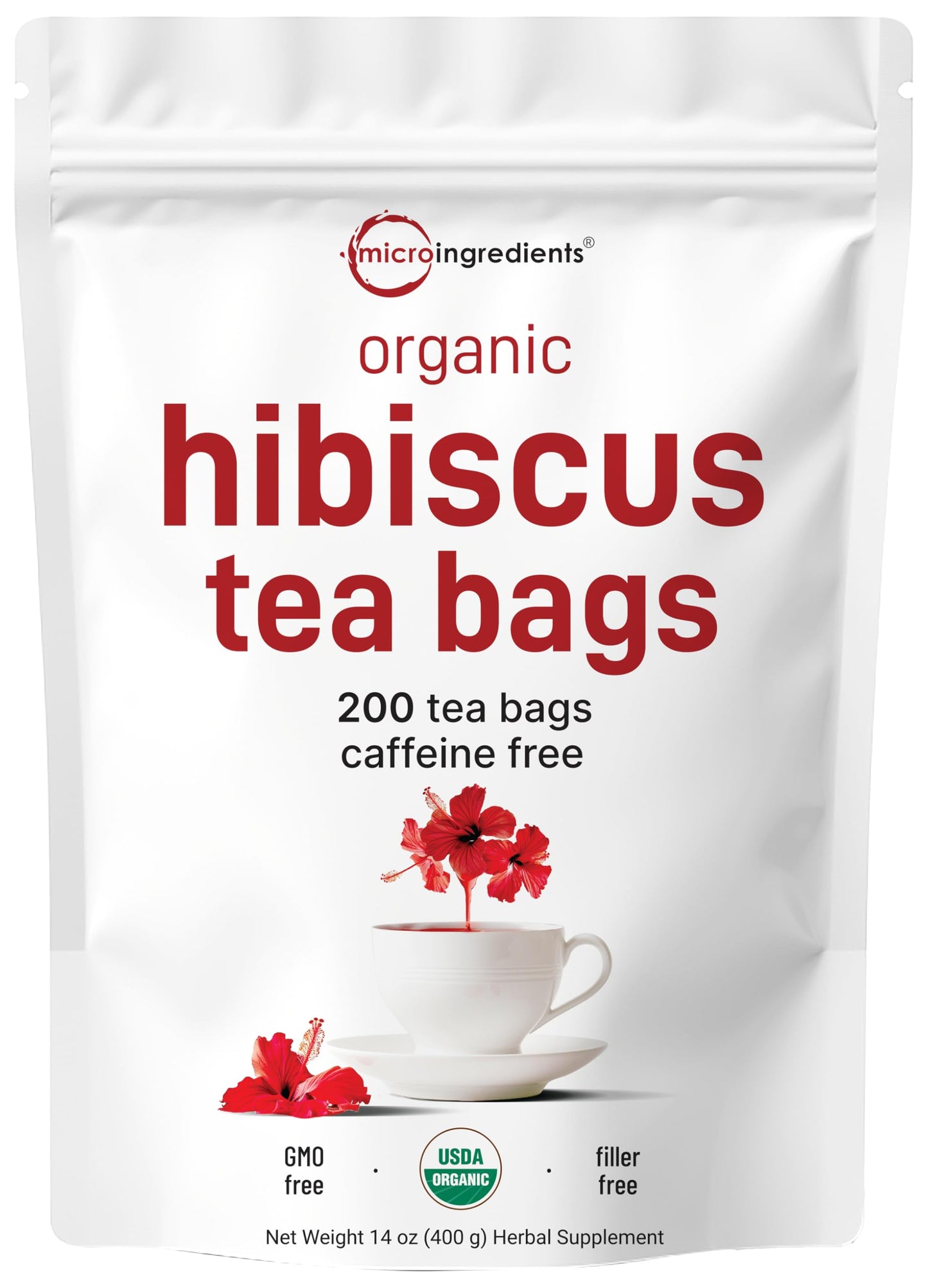 Organic Hibiscus Tea Bags, 200 Count | Enhanced Source From Hibiscus Flowers | Caffeine Free Herbal Tea | Eco-Friendly Hemp Paper Tea Bags | Non-Gmo, No Sugar