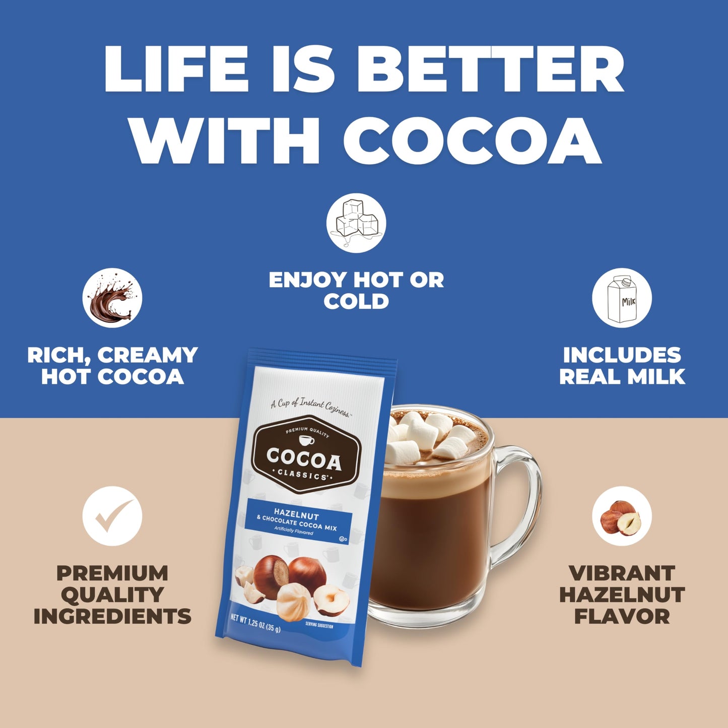 Cocoa Classics Hazelnut Cocoa Mix, Hot Chocolate, Made With Nonfat Milk, Just Add Hot Water, Make Hot Or Iced Cocoa, Gluten Free