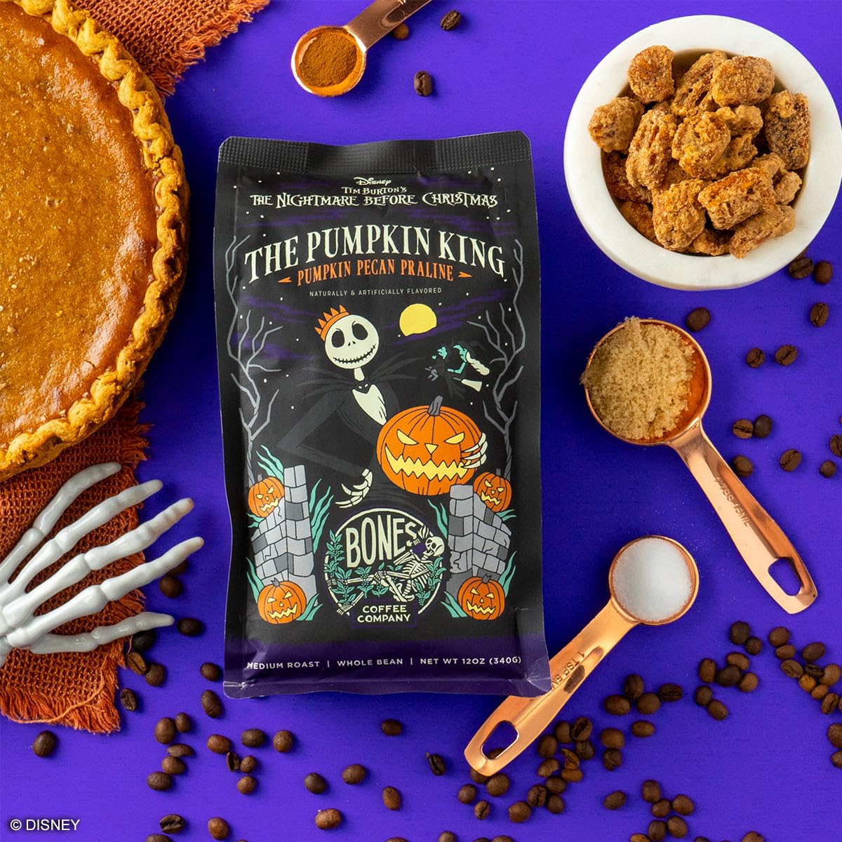 Bones Coffee Company Pumpkin King Flavored Whole Coffee Beans Pumpkin Pecan Praline Flavor, Made With Arabica Coffee Beans, Medi