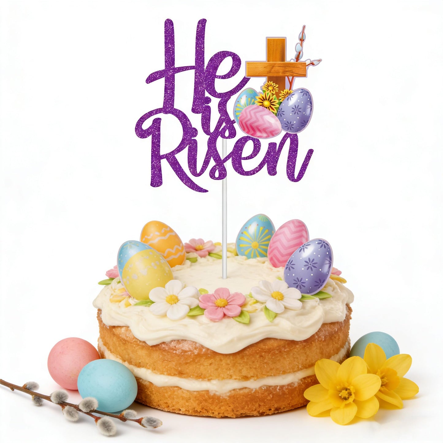 Skidec Glitter He Is Risen Cake Topper Easter Egg Cake Topper For Birthday And Easter Party Decorations Baking Supplies