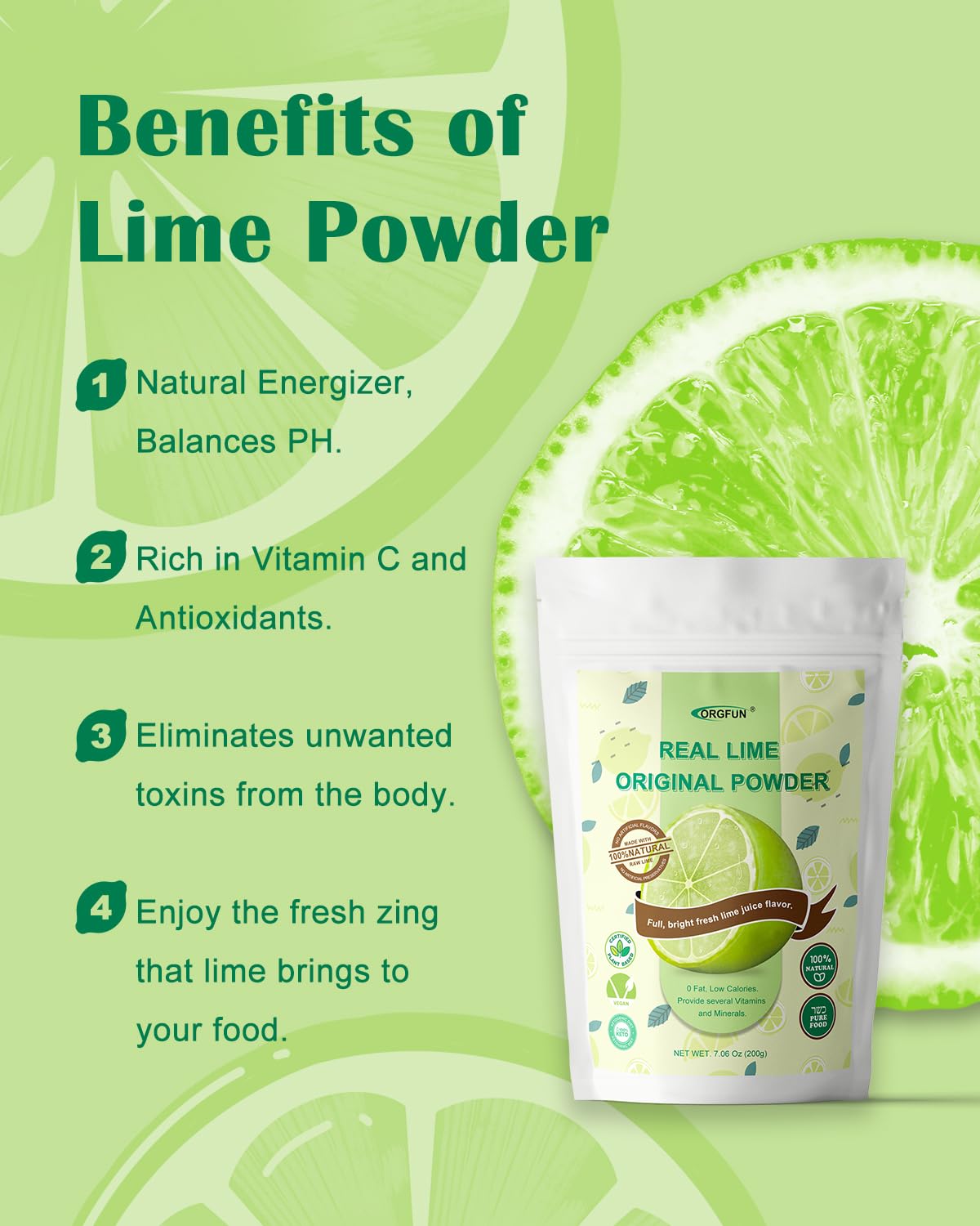 Orgfun Original Lime Powder, Whole Lime Juice Freeze Dried Powder, Fresh Squeezed Lime Juice Prefer For Cocktails, Drinks, Smoot