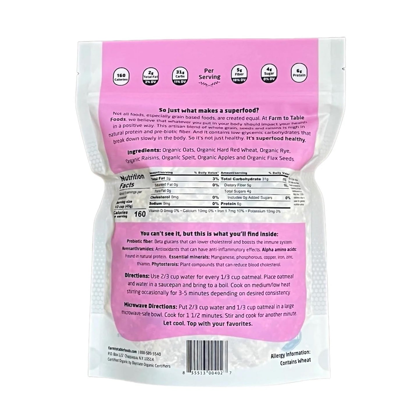 Farm To Table Foods Organic Apple Raisin Superfood Oatmeal - High-Protein, Whole Grain, Plant-Based, Unsweetened, Non-Gmo - 3-Pa