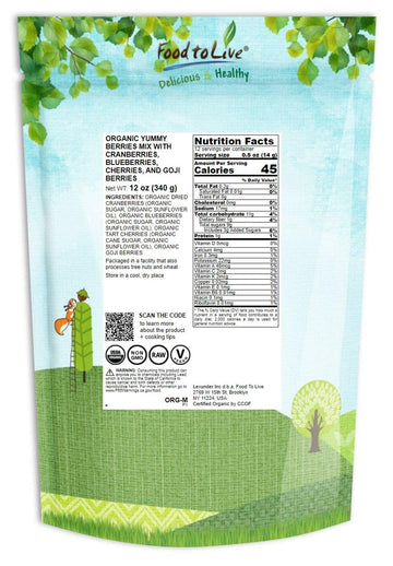 Food To Live - Organic Yummy Berries Mix, 12 Ounces A Blend Of Non-Gmo Dried Cranberries, Blueberries, Cherries, Goji Berries, V
