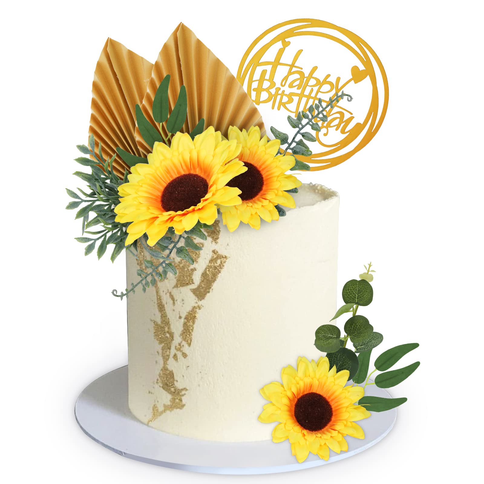 Memovan Sunflower Cake Topper 18Pcs Sunflower Cake Decoration With Gold Happy Birthday Cake Topper Sunflower Golden Palm Eucalyp