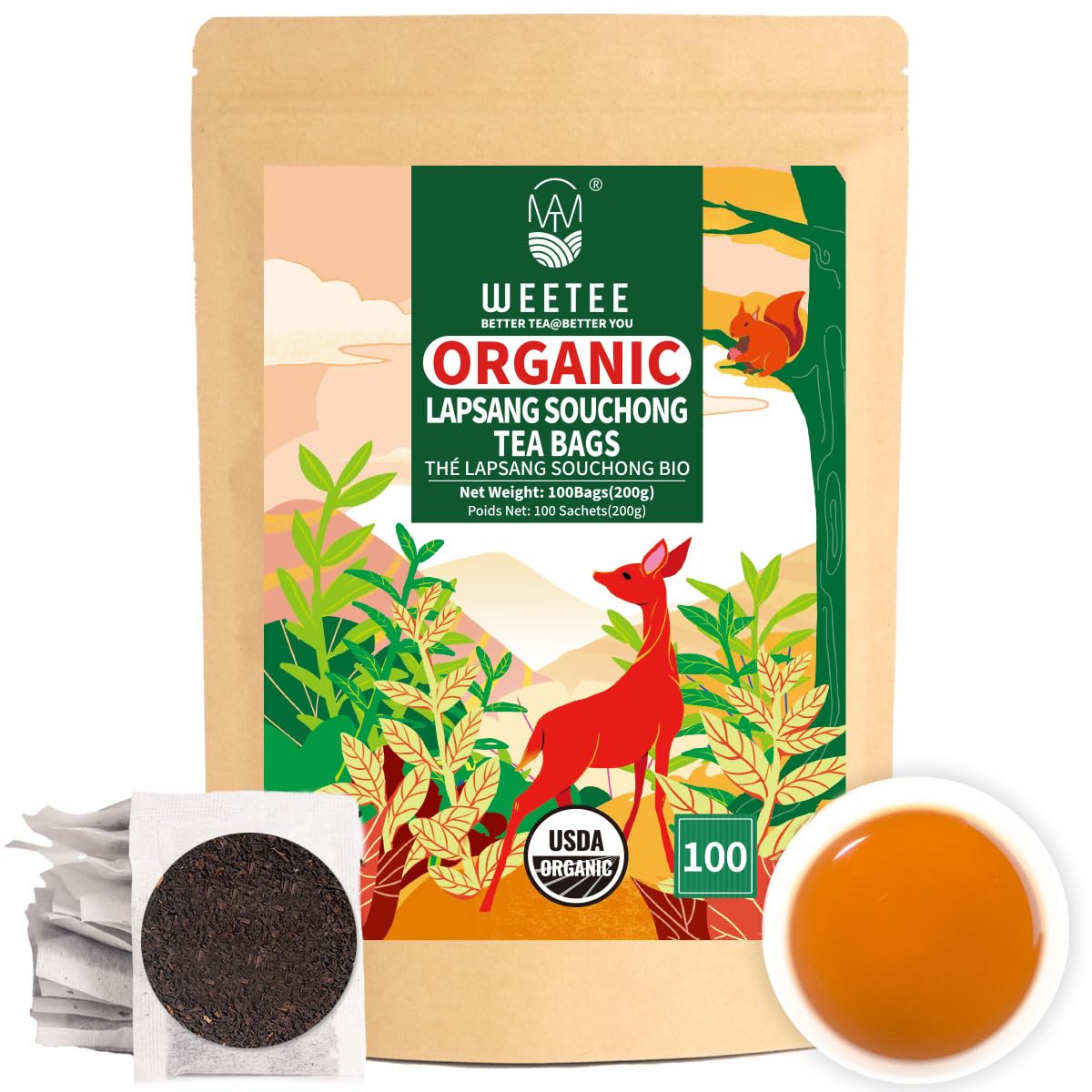 Wt Weetee Organic Lapsang Souchong Tea Bags  Organic Smoky Black Tea 100 Count  Natural Energy Blend & Antioxidant  Classic Chinese Tea