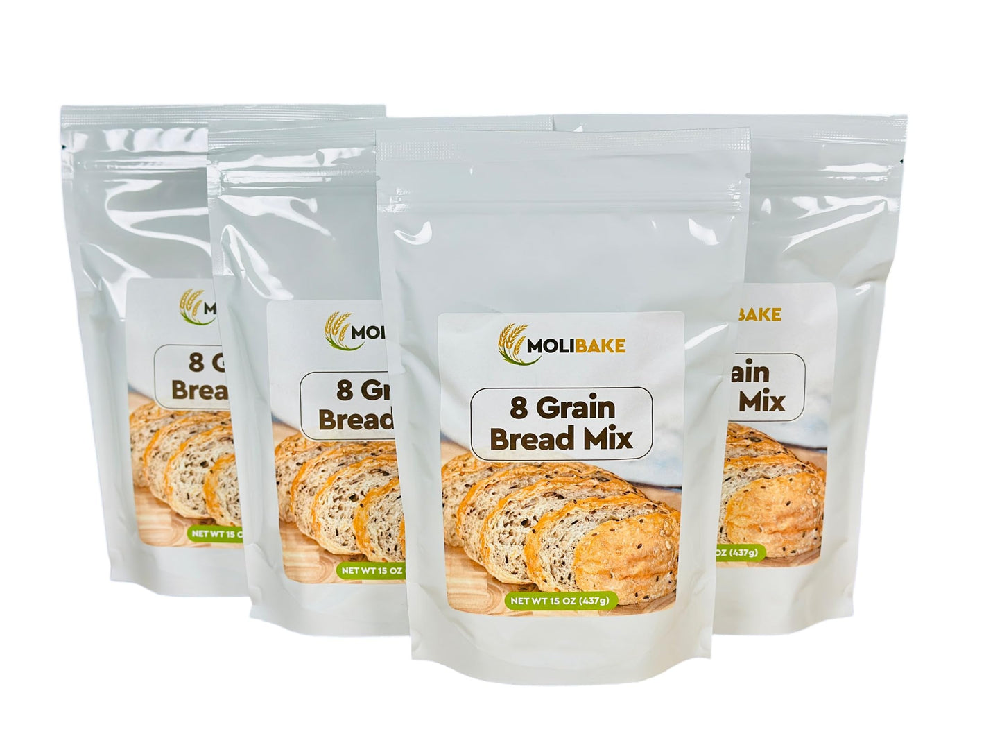 Molibake 8 Grain Bread Mix - All-Natural Multigrain Baking Mix - Pack of 4 - 15 oz - Ideal for Bread Machine & Oven
