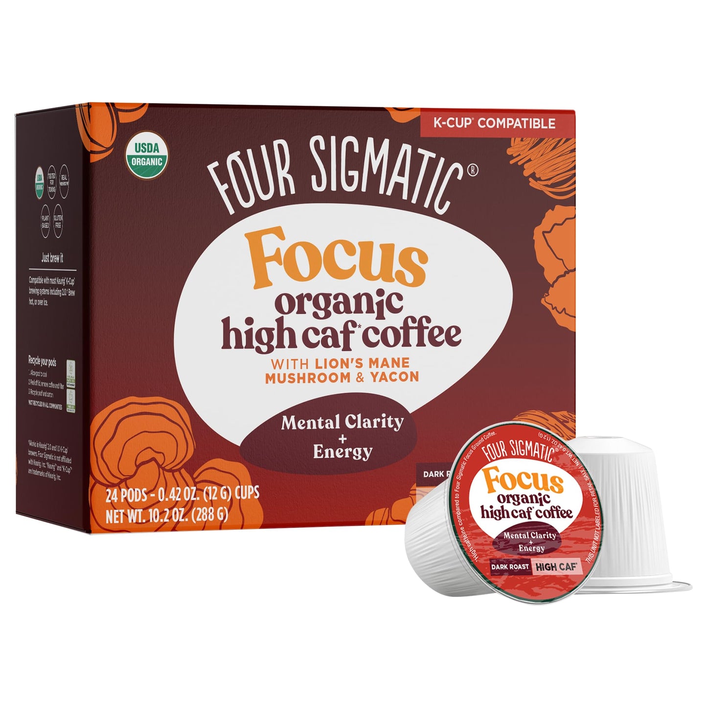 Four Sigmatic High Caffeine Mushroom Coffee K-Cups, Organic Dark Roast with Lion’s Mane & Chaga, 24 Count, Vegan & Keto