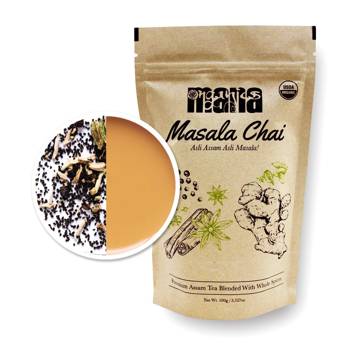 Organic Masala Chai Tea By Mana Organics - Made With Whole Spices: Cinnamon, Cardamom, Cloves, Pepper, Staranise & Ginger Blende