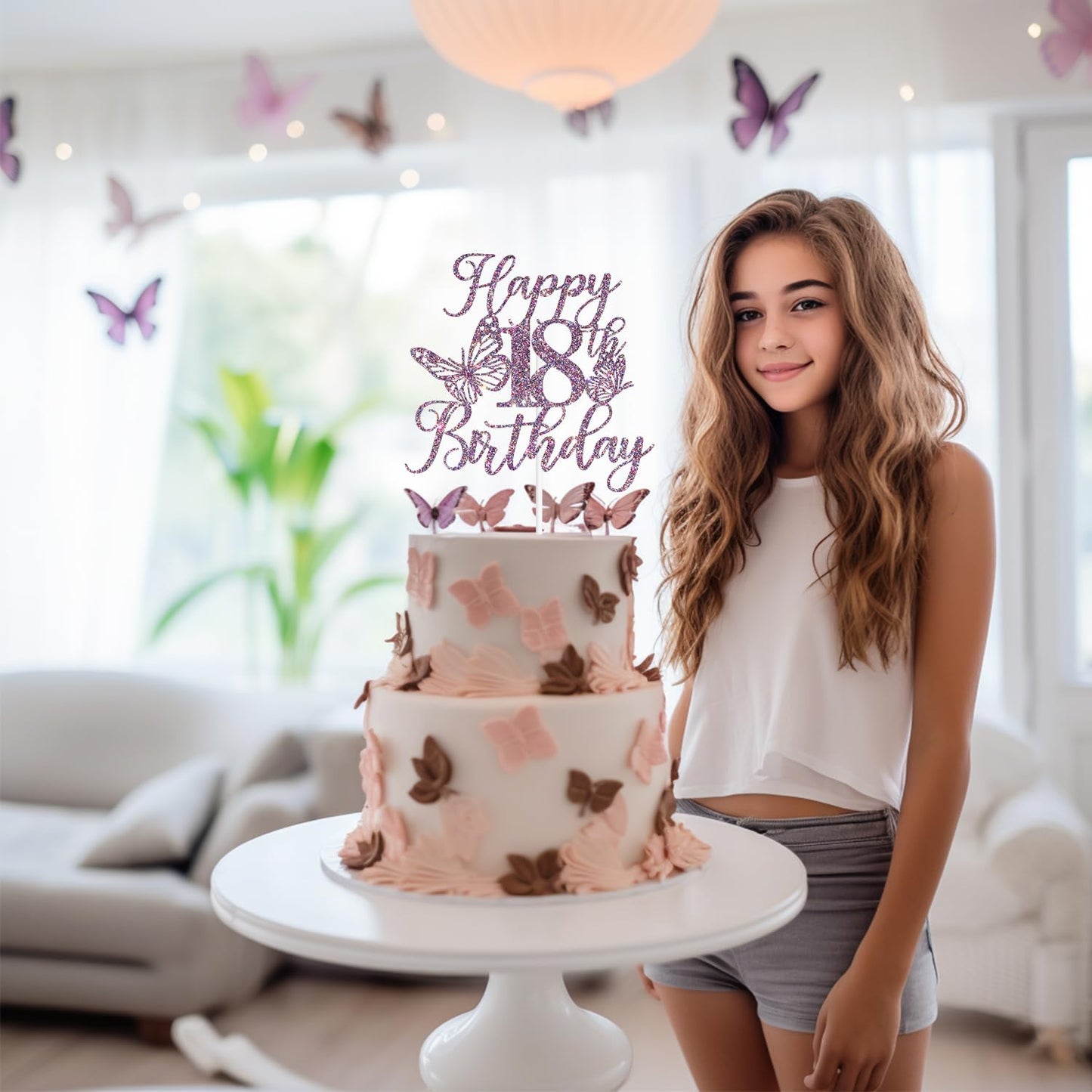We Can Bearly Wait Purple Glitter 18th Birthday Cake Topper, Butterfly Theme, 6x8.7 inches, Paper
