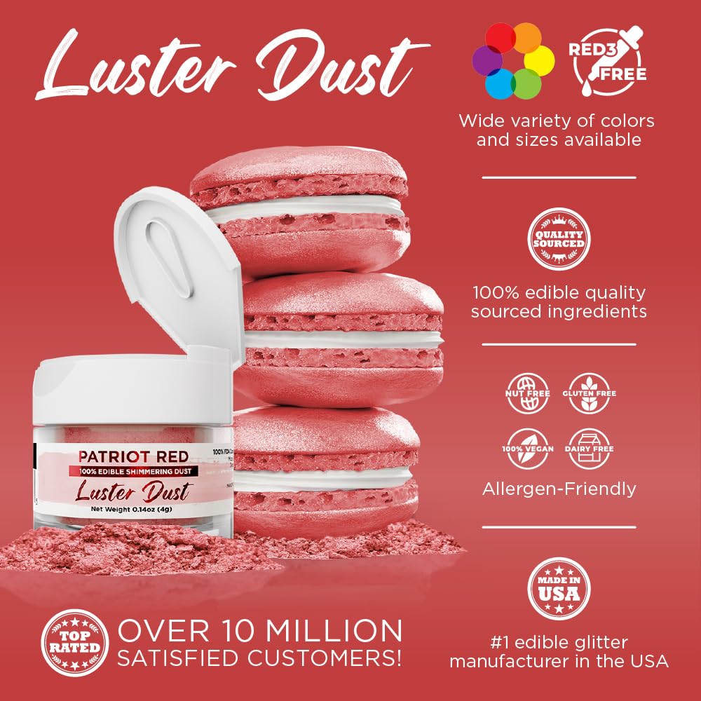 Luster Dust - Patriot Red (4G 1X Jar) | Edible Vegan Dust & Paint For Cake Decorating, Ice Cream, Desserts, Cocktails And Bevera