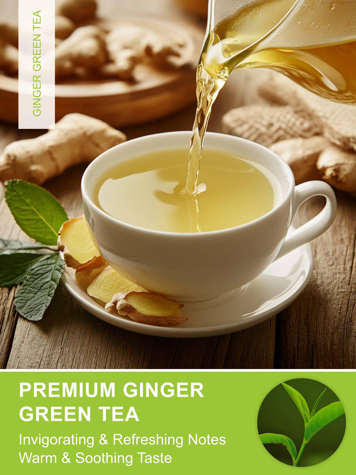 TeeLux Ginger Green Tea - Brisk Green Tea with Spicy Ginger, Low Caffeine, 100 Count