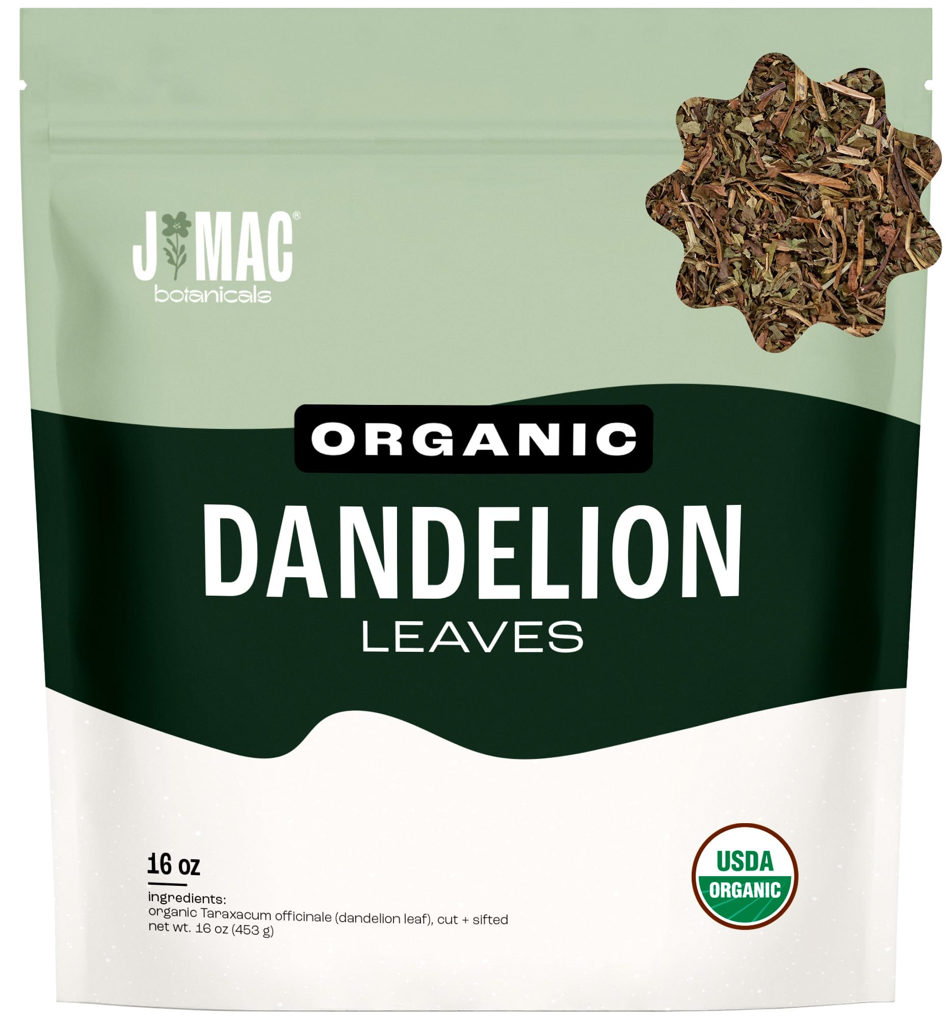 J MAC BOTANICALS Organic Dandelion Leaves Tea, 16 oz Bag, USDA Certified Organic, Caffeine-Free, Cut and Sifted