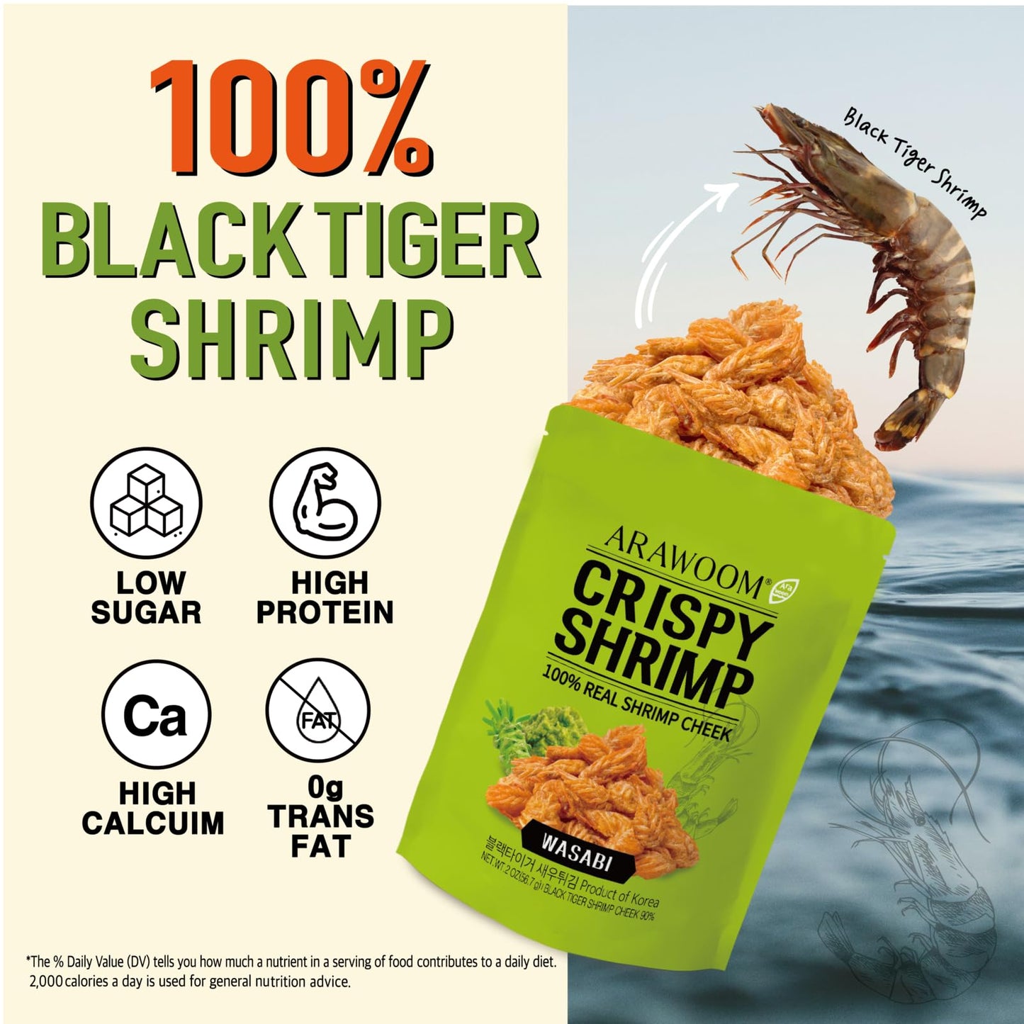 Arawoom - Real Crispy Shrimp Cheek Snack - 100% Real Black Tiger Shrimp [2 Ounce (Pack Of 3)] - Wasabi Flavors - Crunchy Treat F
