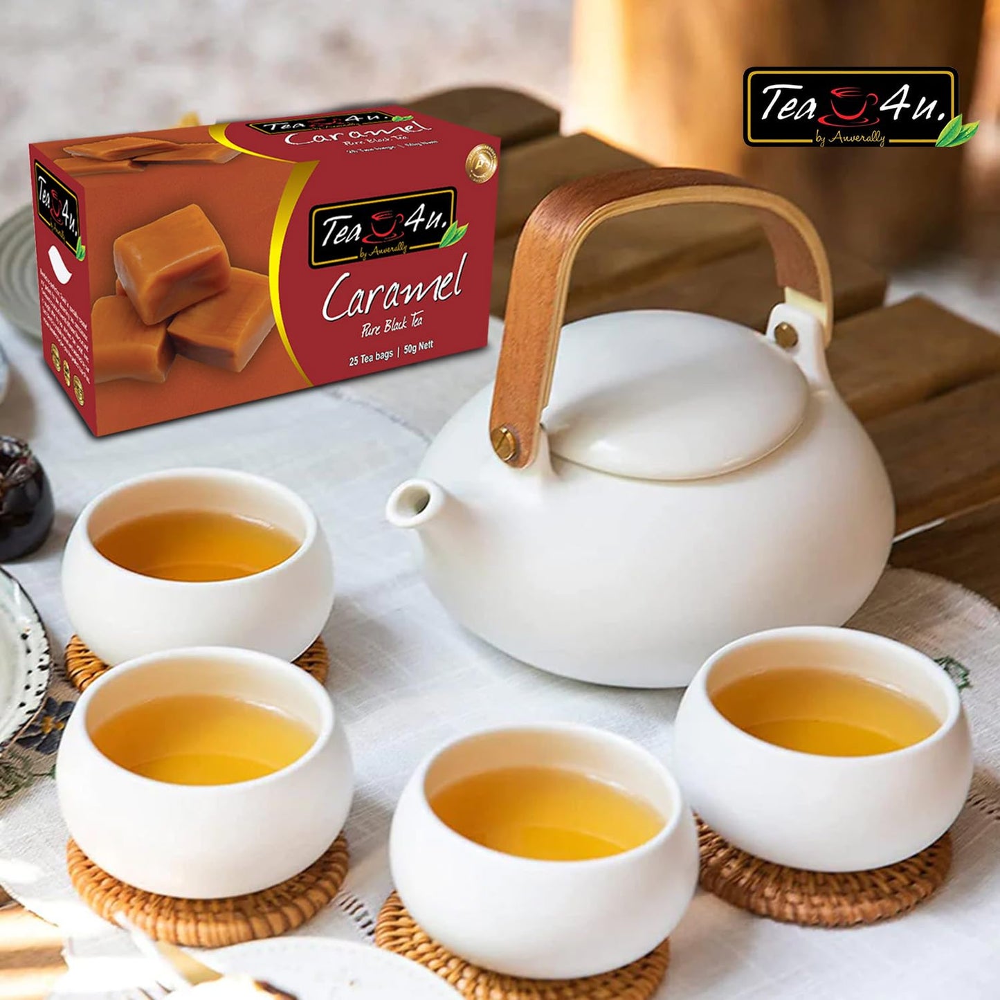 TEA 4U Flavored Black Tea Bags - Original Ceylon Tea, Caramel Flavor, 1 Count (Pack of 25)